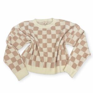 Debut Knit Boxy Cropped Sweater Tan Cream Checkered Pullover Juniors Medium
